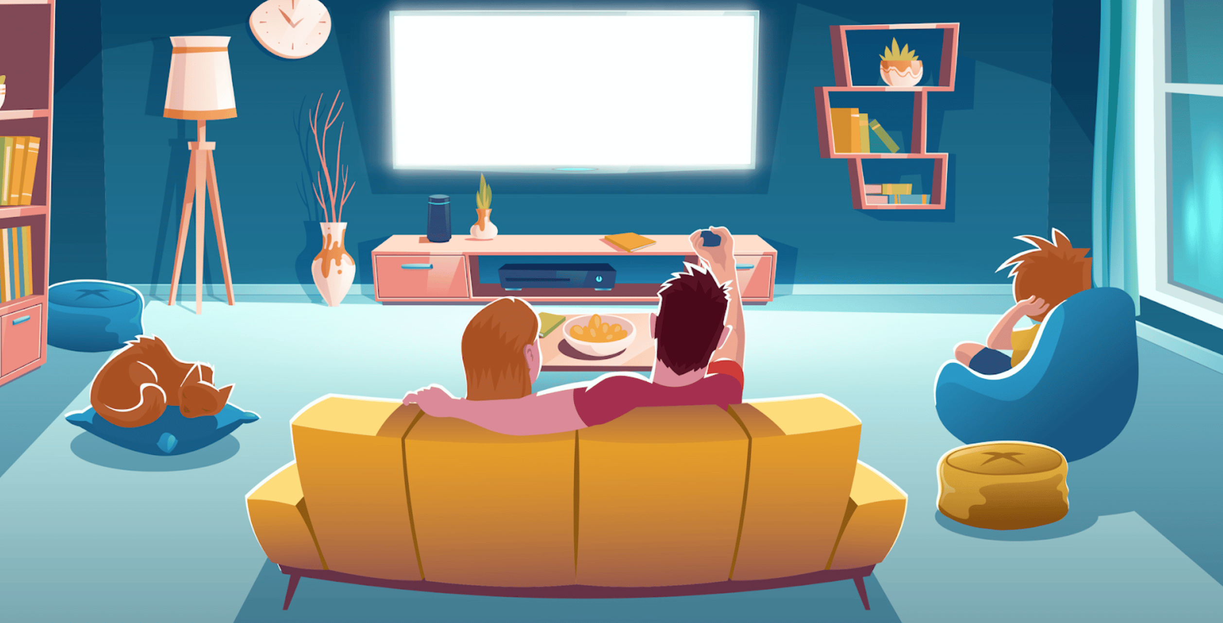 An animated drawing of a family sitting in front of a television set and enjoying the effectiveness of TV advertisements